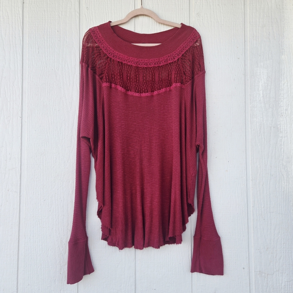 Free People Spring Valley Lace Waffle Weave Thermal Sweater Slouchy Pink Large